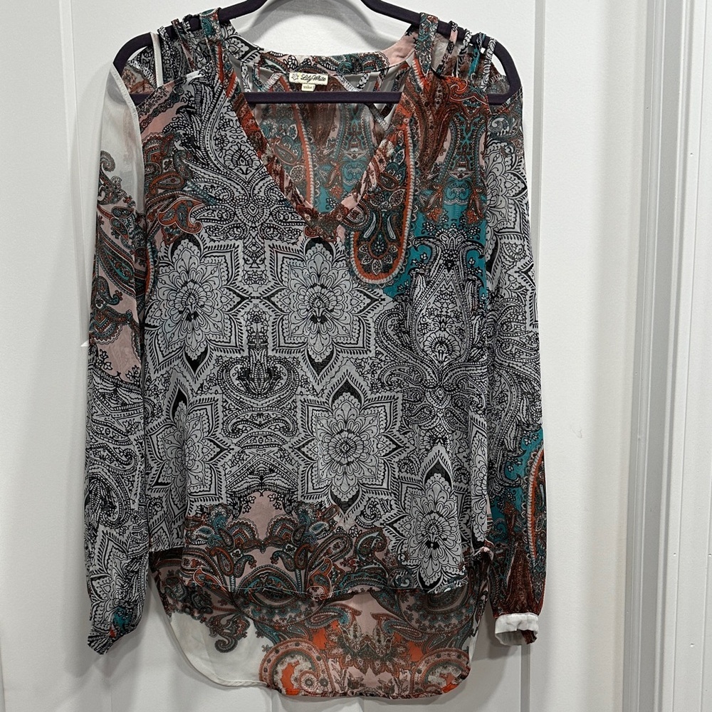 Paisley Print Women's Sheer Blouse With Shoulder Detail - Size Large